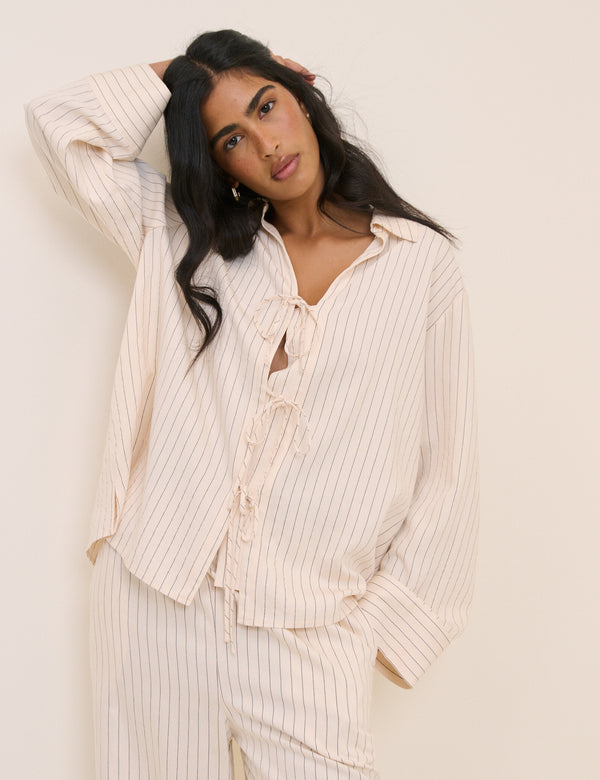 Cream Pinstripe Tie Front Shirt