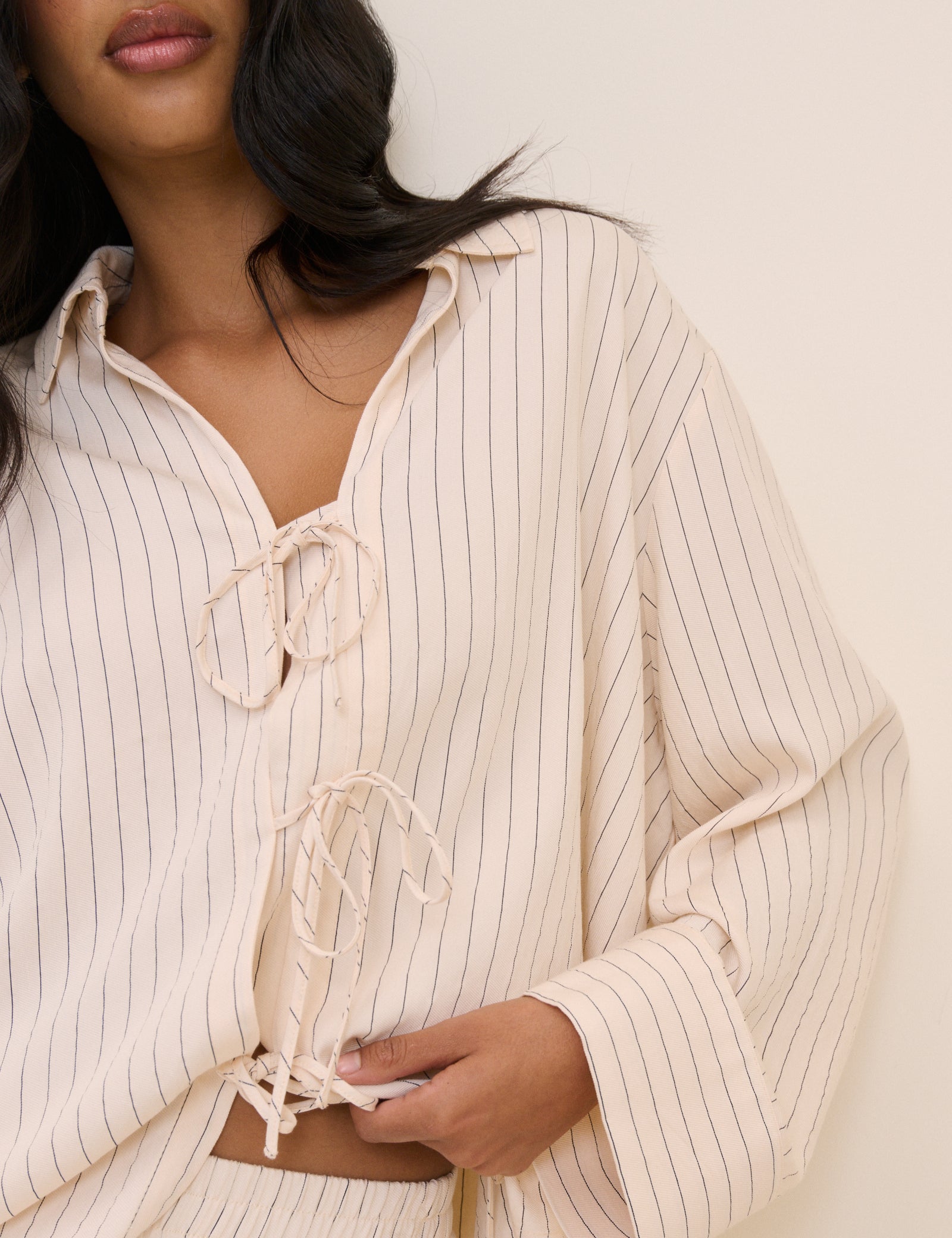 Cream Pinstripe Tie Front Shirt