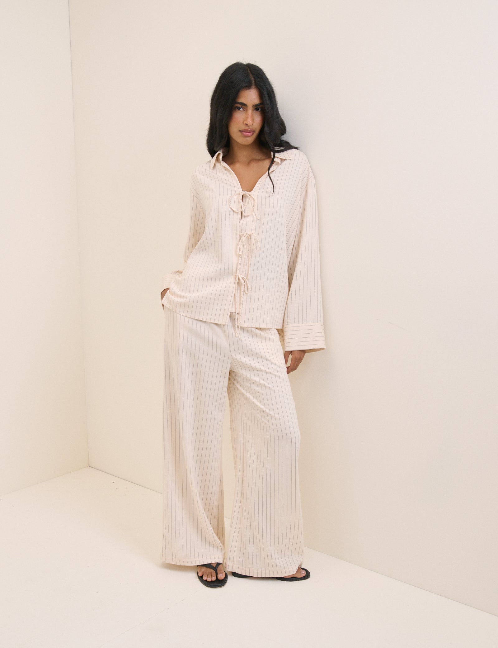 Cream Pinstripe Tie Front Shirt