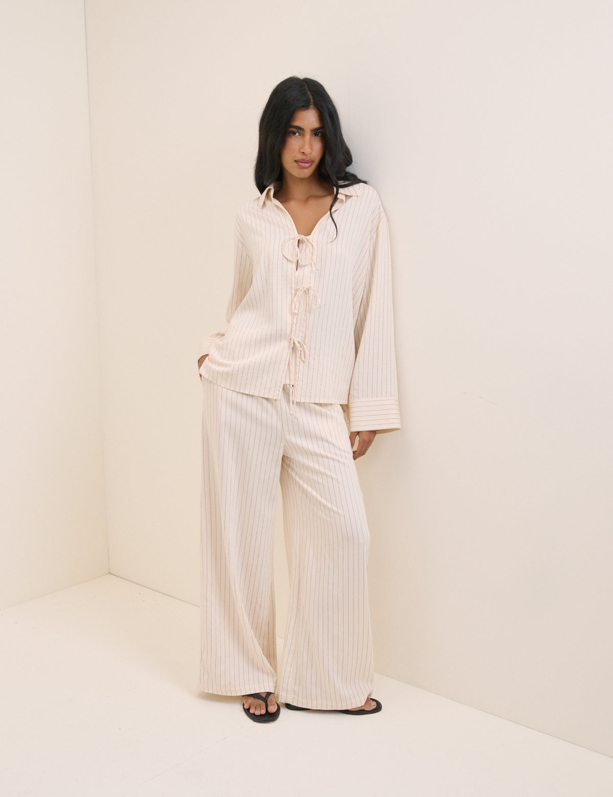 Cream Pinstripe Tie Front Shirt