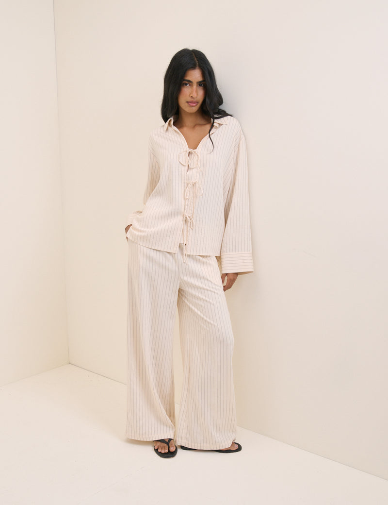 Cream Pinstripe Tie Front Shirt