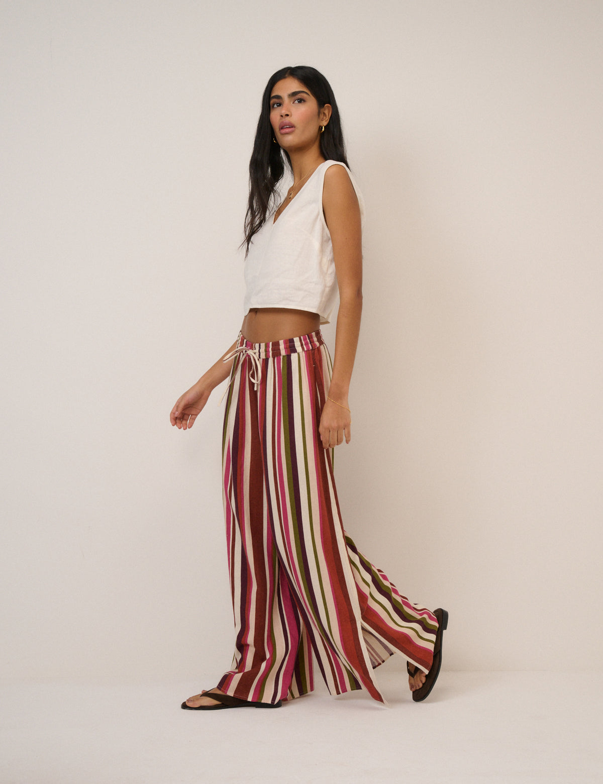 Multi-Coloured Striped Split Hem Wide Leg Trousers