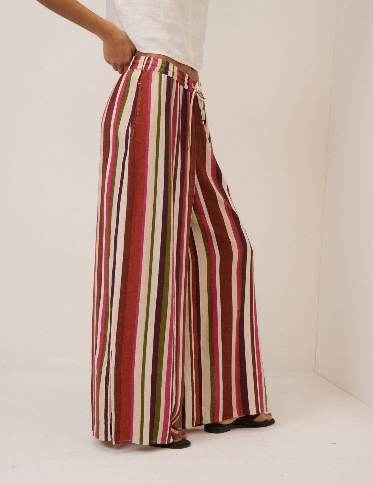 Multi-Coloured Striped Split Hem Wide Leg Trousers