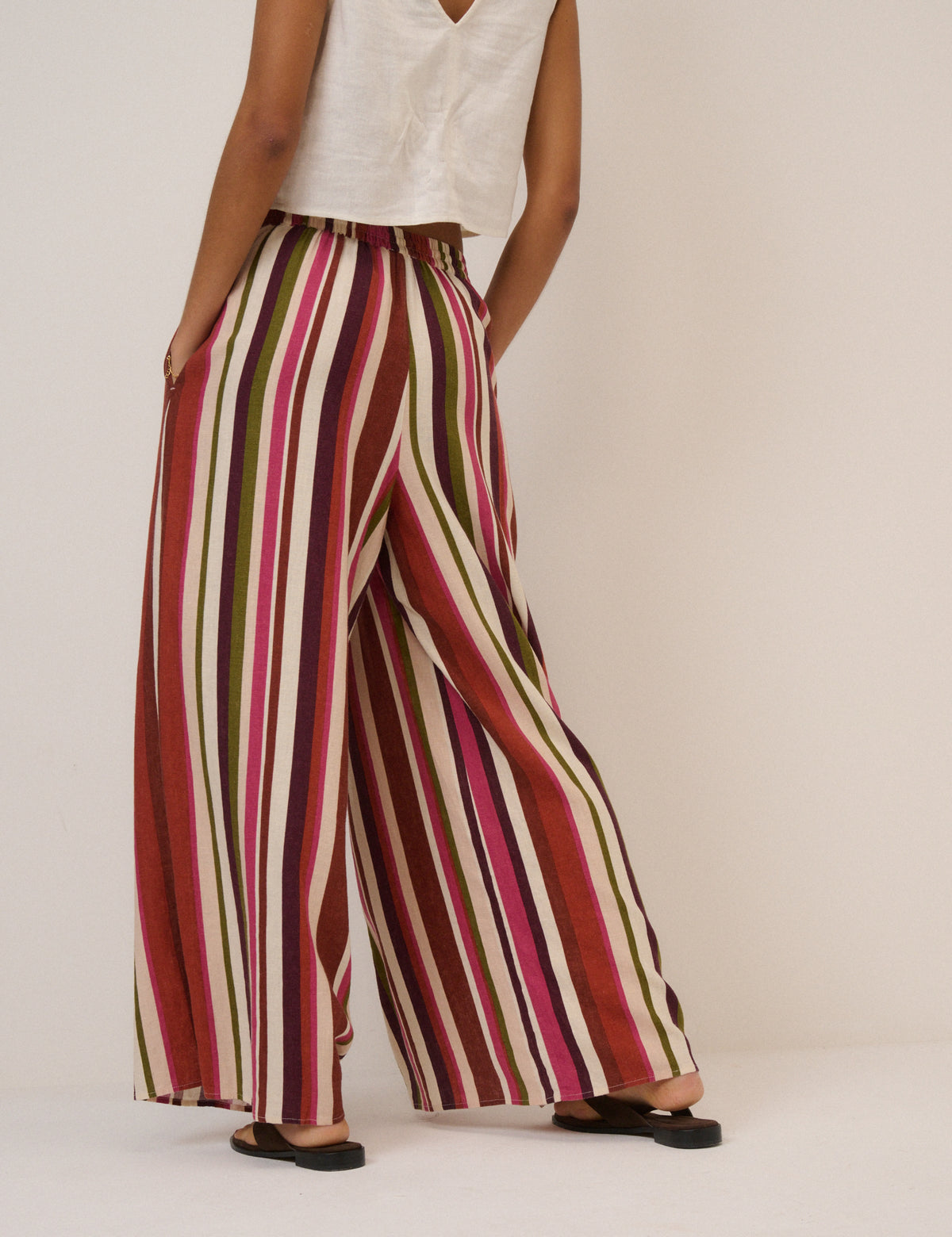Multi-Coloured Striped Split Hem Wide Leg Trousers