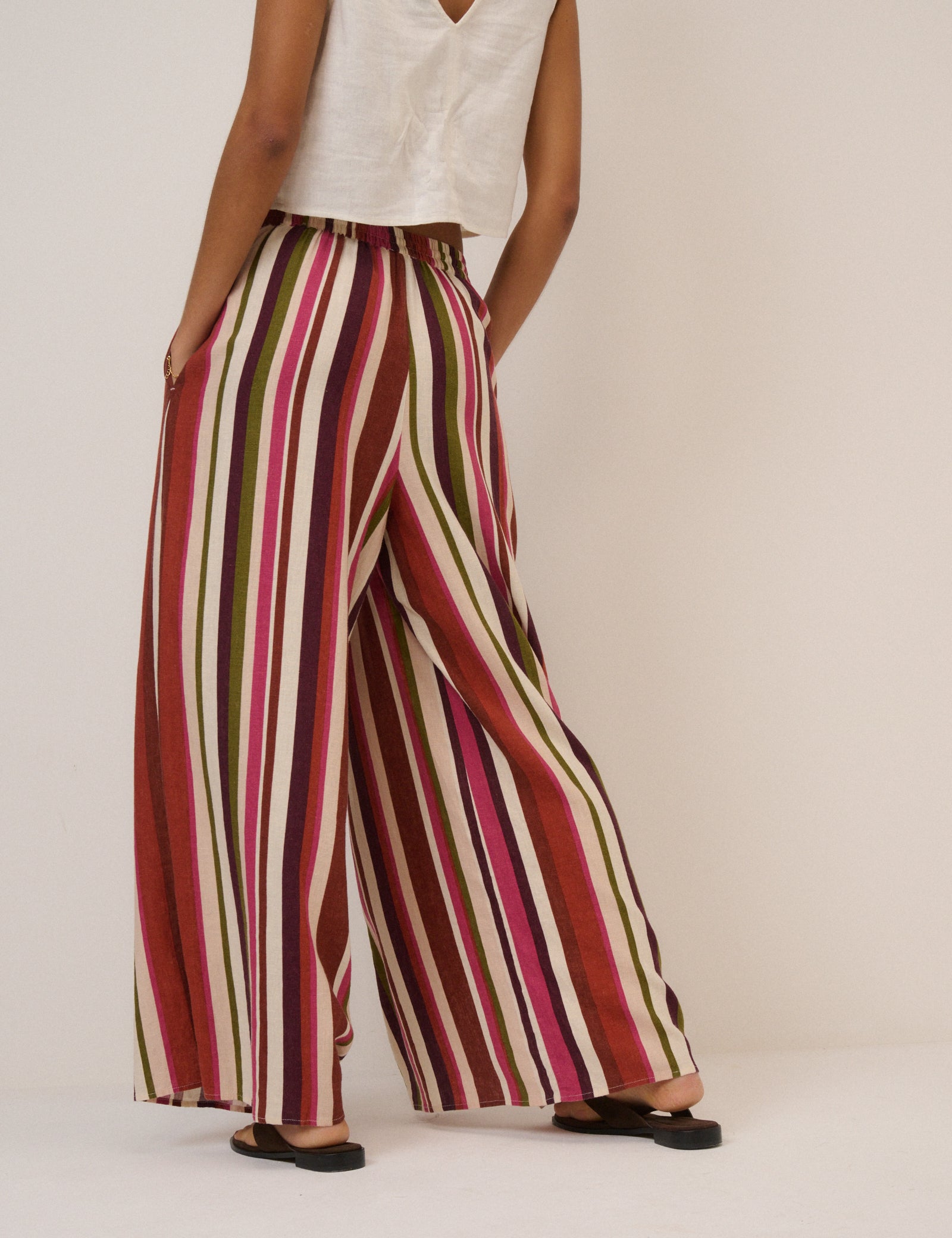 Multi-Coloured Striped Split Hem Wide Leg Trousers