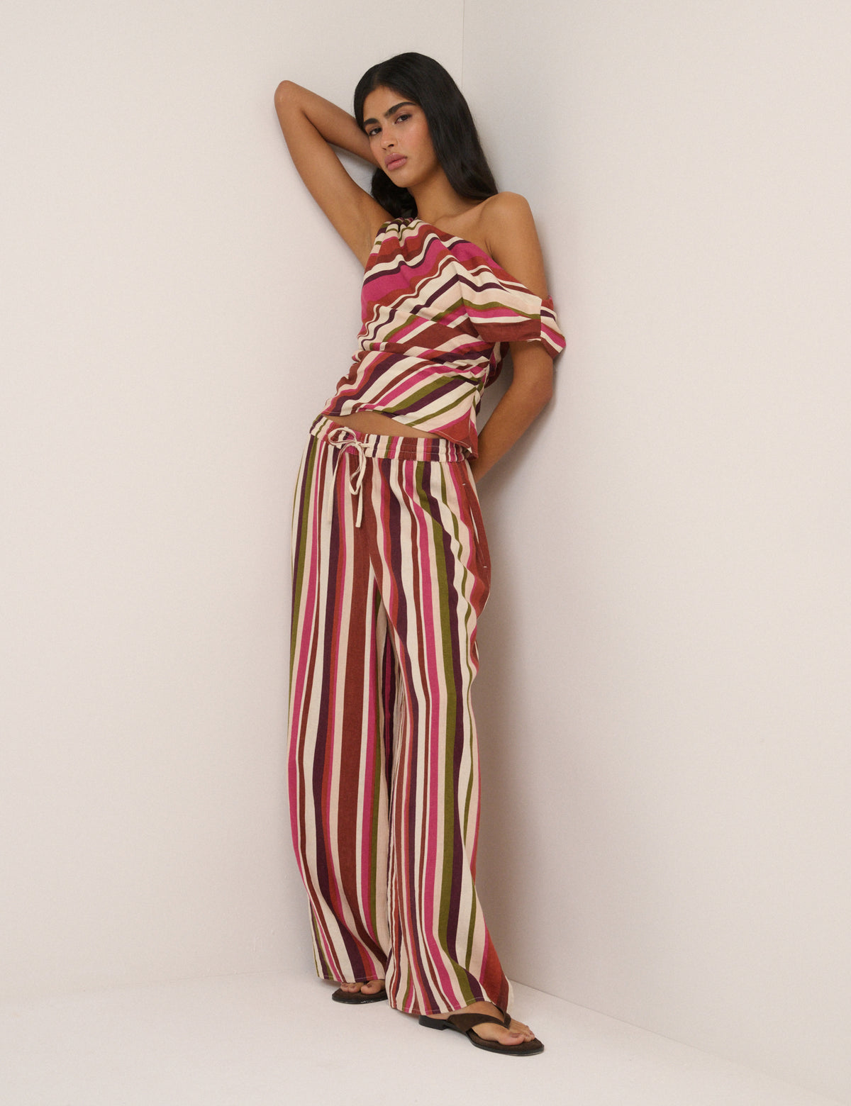 Multi-Coloured Striped Split Hem Wide Leg Trousers
