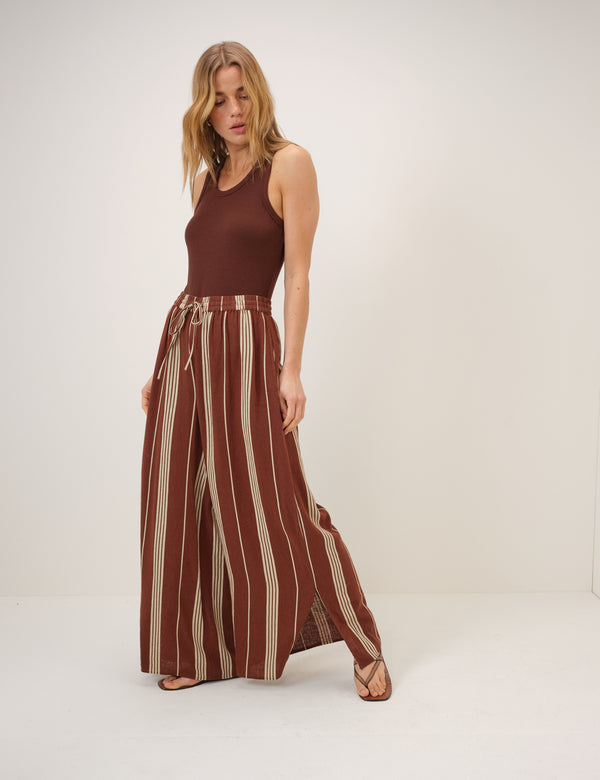 Brown Striped Linen-Blend Split Hem Trousers