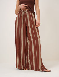 Brown Striped Linen-Blend Split Hem Trousers
