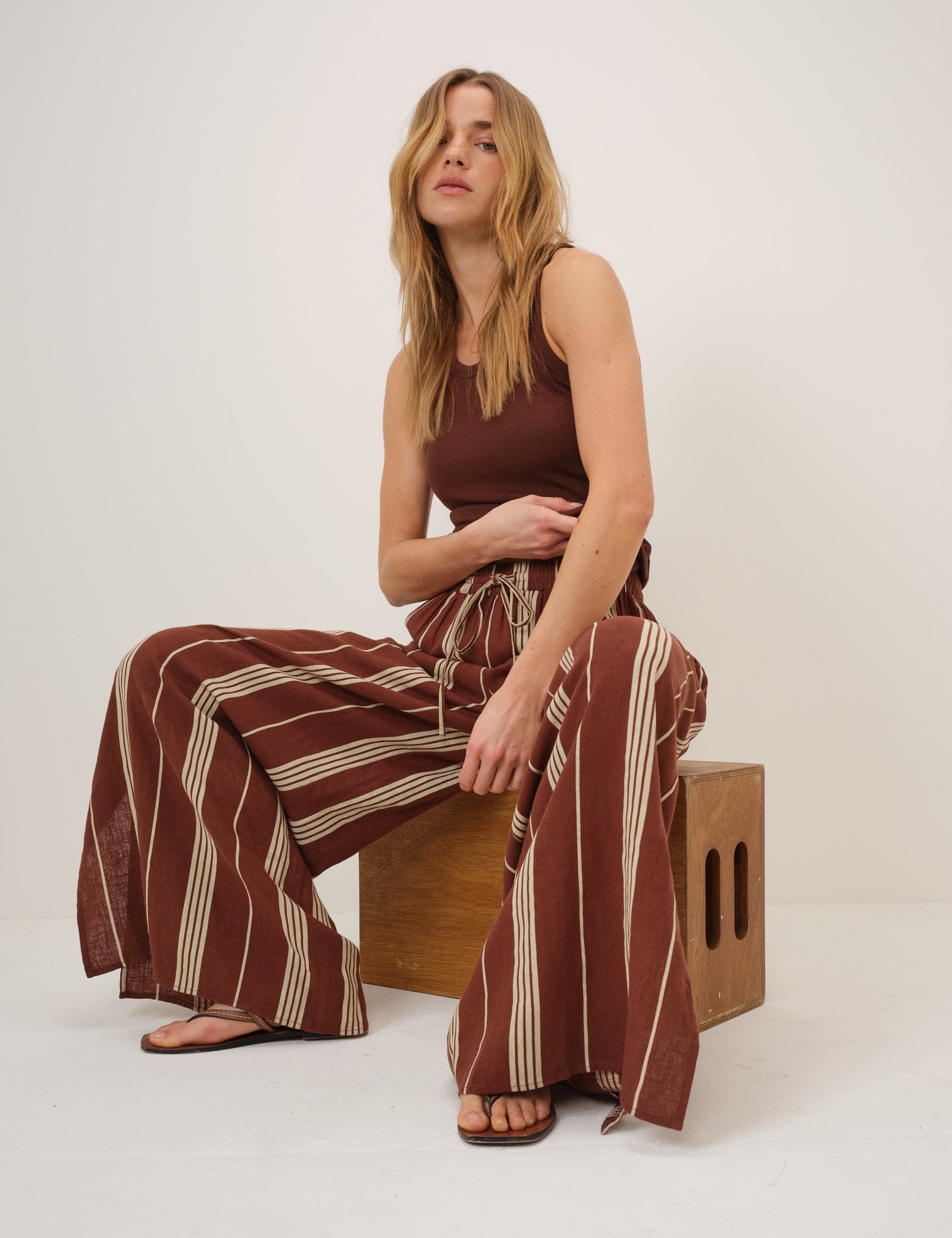 Brown Striped Linen-Blend Split Hem Trousers