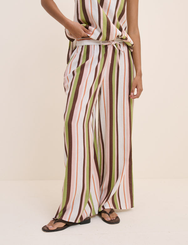 Multi-Coloured Striped Linen-Blend Wide Leg Elstow Trousers