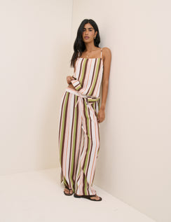 Multi-Coloured Striped Linen-Rich Split Hem Trousers