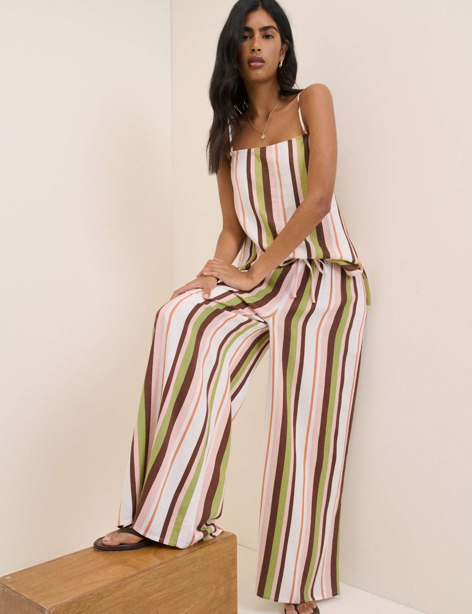 Multi-Coloured Striped Linen-Blend Wide Leg Elstow Trousers
