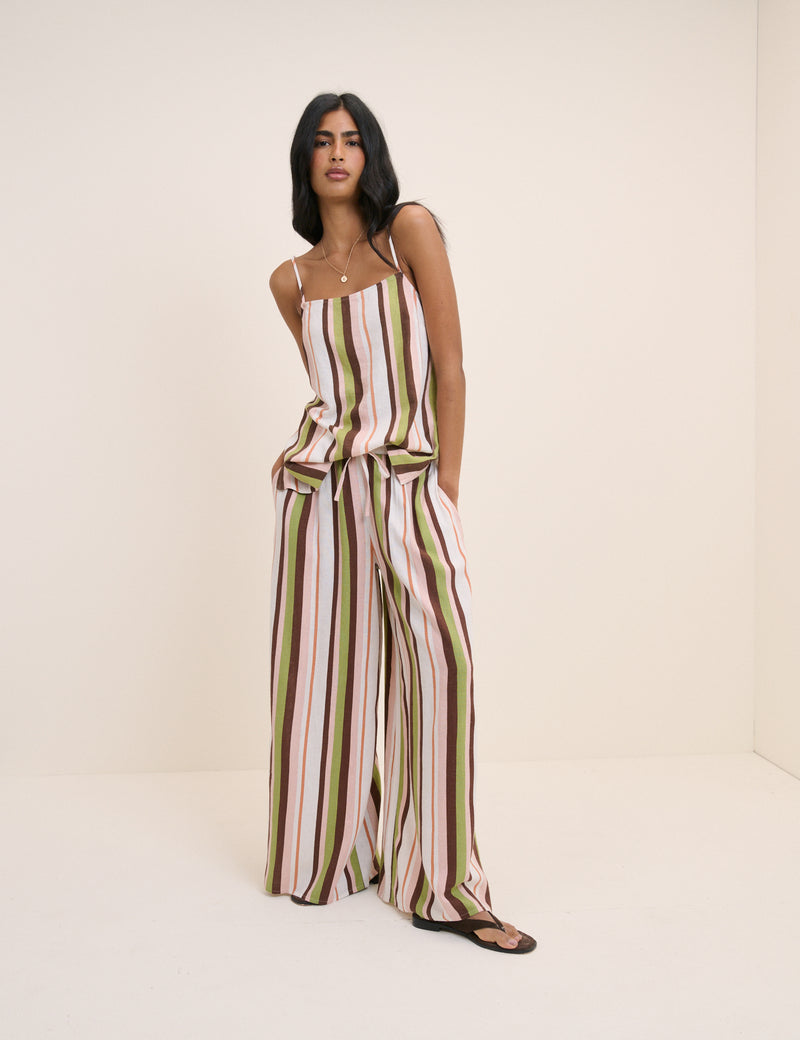 Multi-Coloured Striped Linen-Blend Wide Leg Elstow Trousers