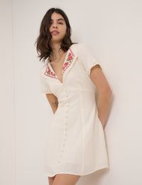 Cream Floral Collar Linen-Blend Lillian Mini Dress