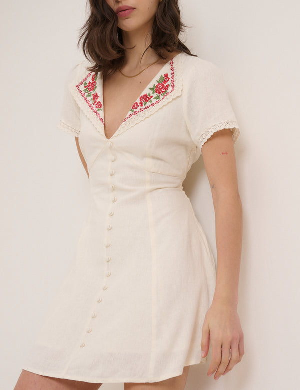 Cream Floral Collar Linen-Rich Lillian Mini Dress