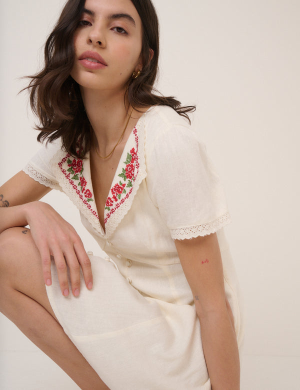 Cream Floral Collar Linen-Blend Lillian Mini Dress