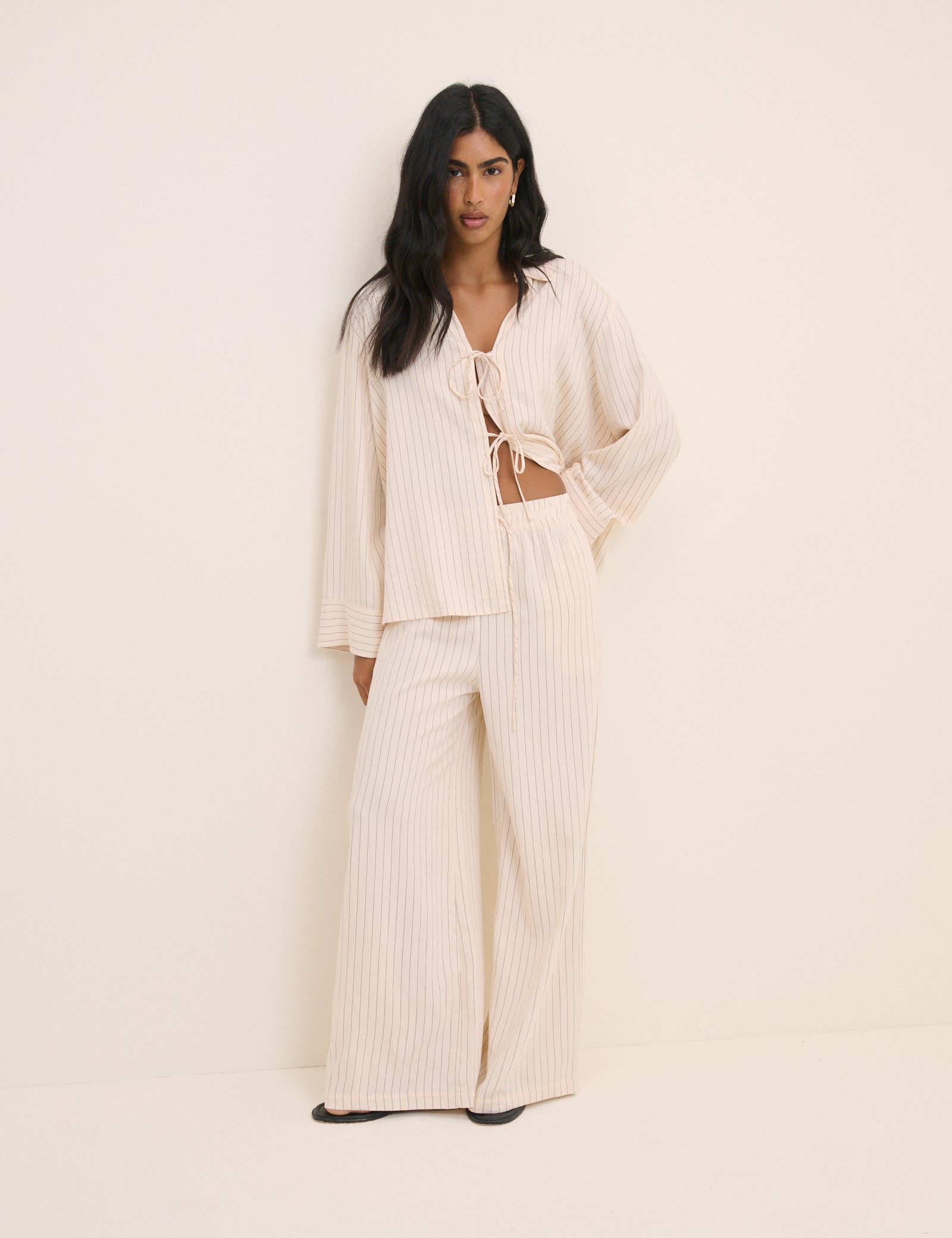 Cream Pinstripe Wide Leg Trousers