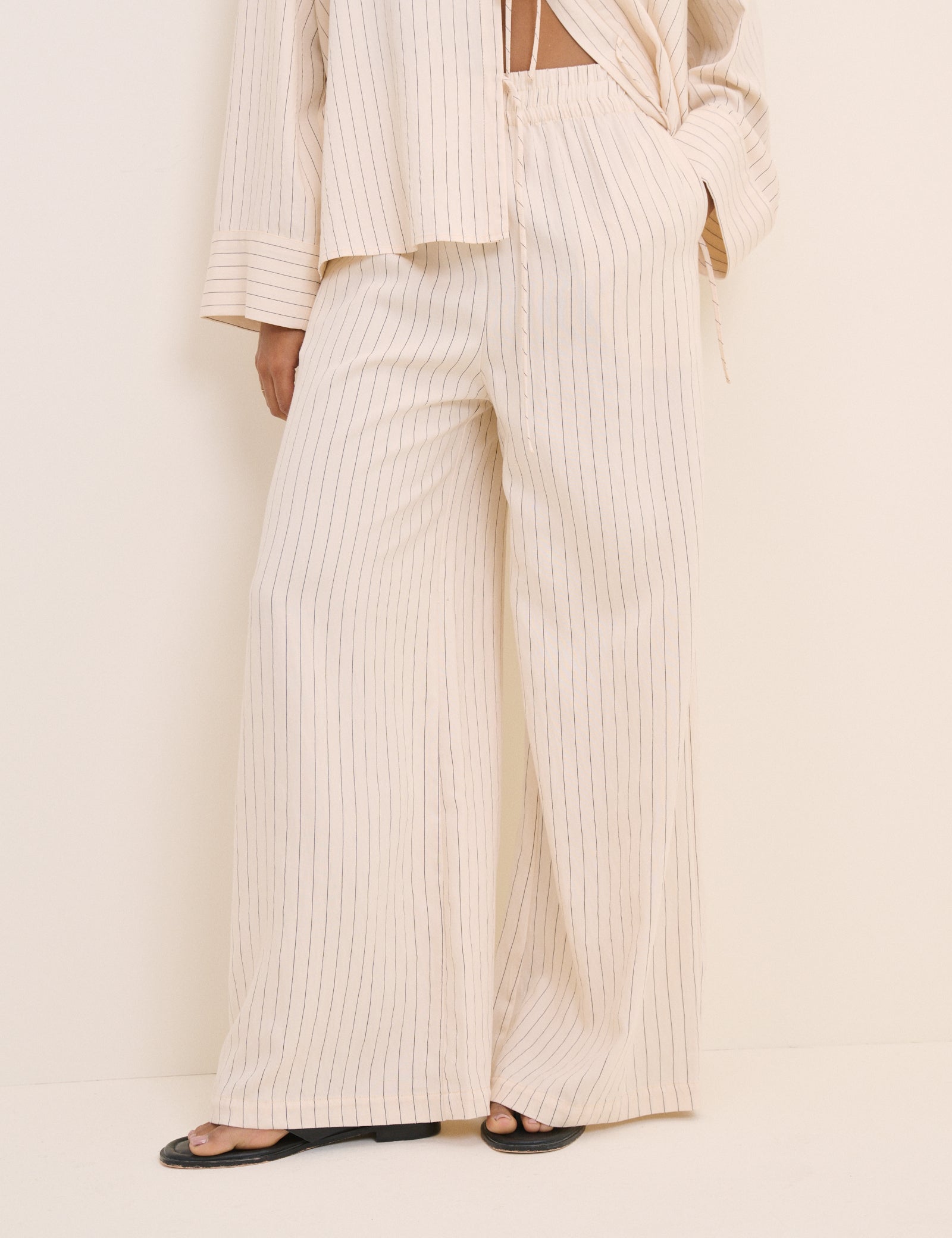 Cream Pinstripe Wide Leg Trousers