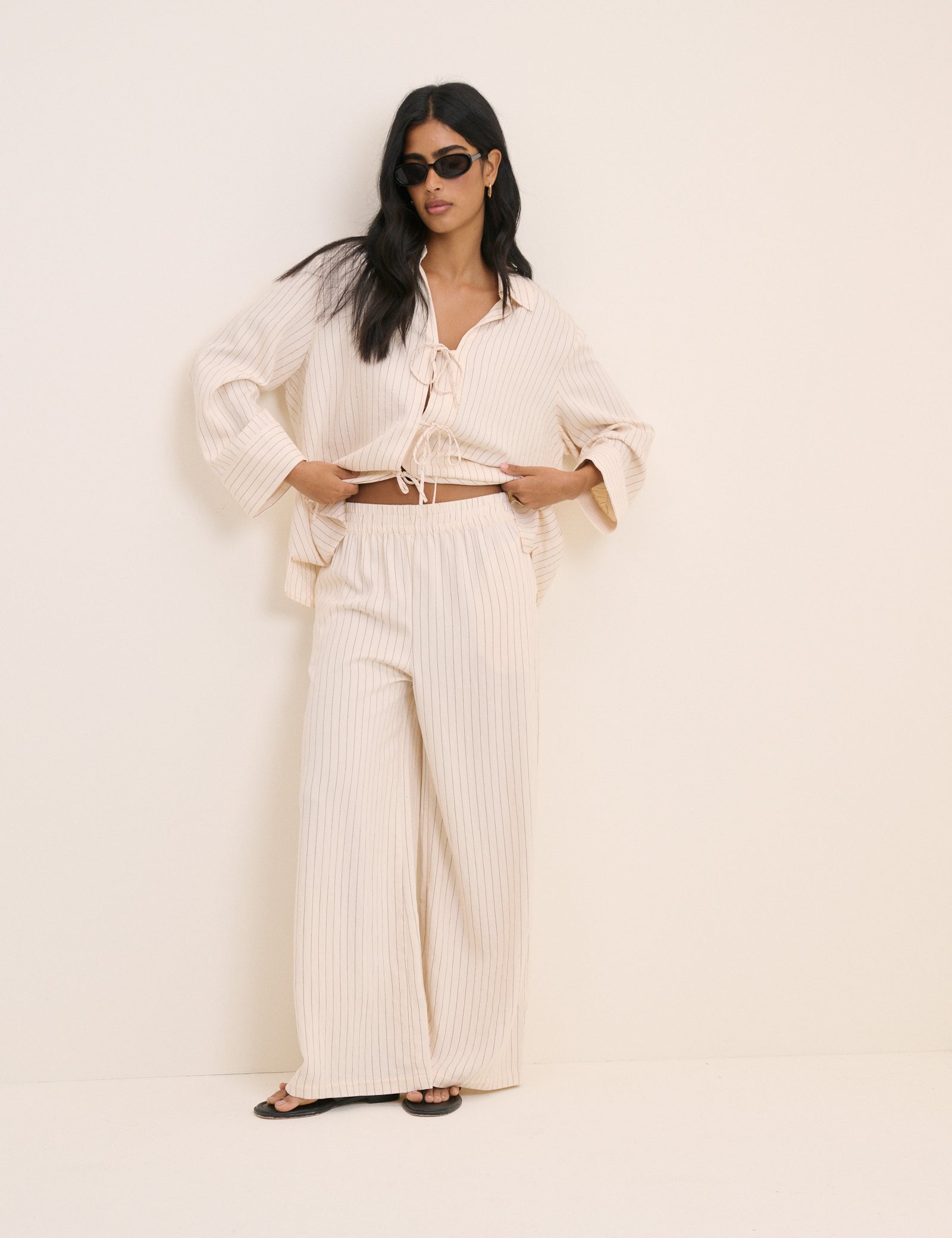 Cream Pinstripe Wide Leg Trousers