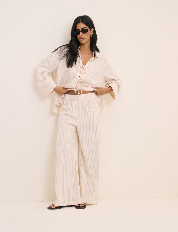Cream Pinstripe Wide Leg Trousers