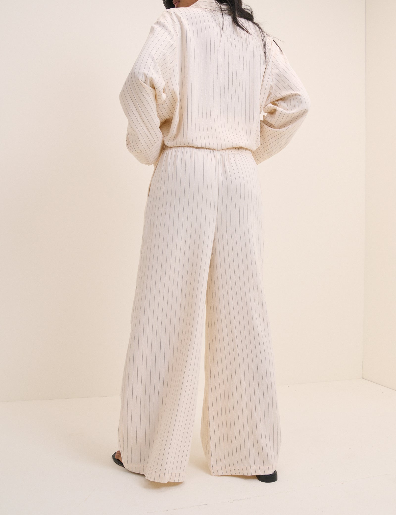 Cream Pinstripe Wide Leg Trousers