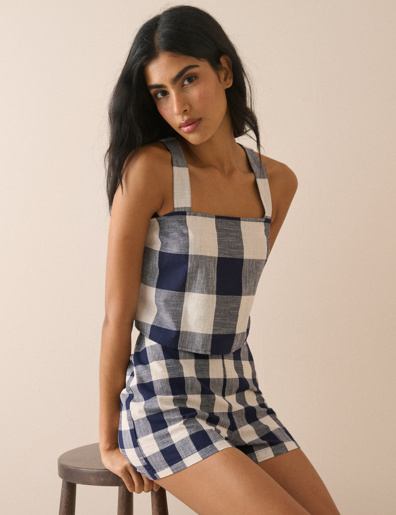 Navy Gingham Mini Shorts