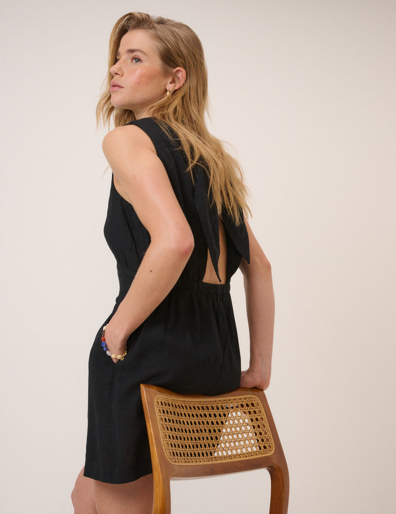 Black Linen-Blend Playsuit