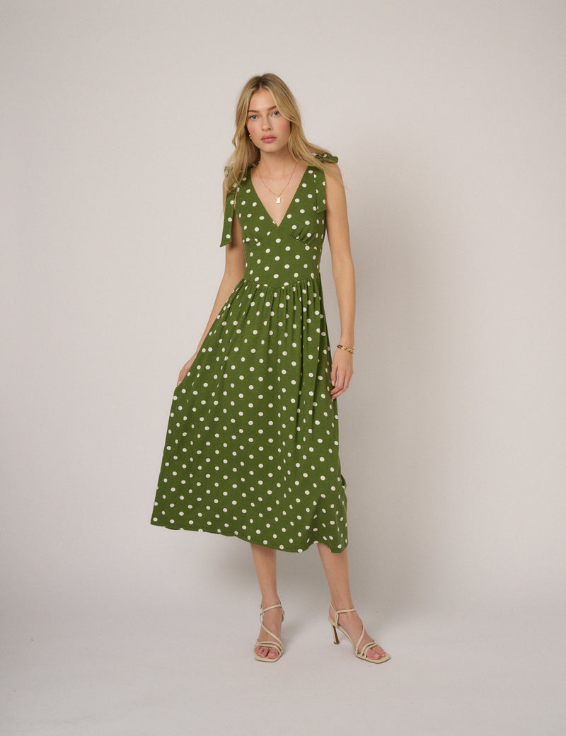 Green Polka Dot Jersey Addison Midi Dress