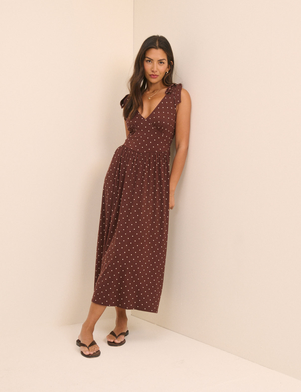 Brown Polka Dot Jersey Addison Midi Dress