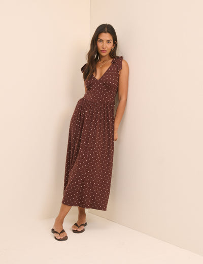Brown Polka Dot Jersey Addison Midi Dress
