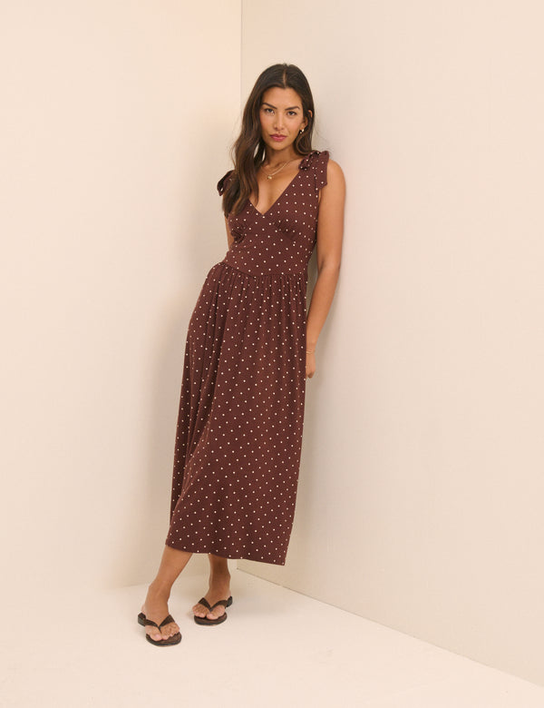 Brown Polka Dot Jersey Addison Midi Dress