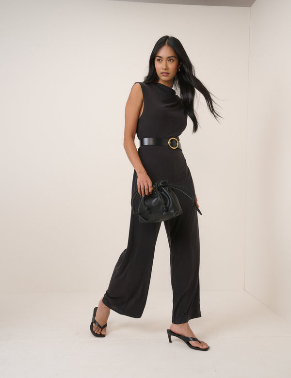 Black Boat Neck Jersey Sleeveless Jersey Jumpsuit