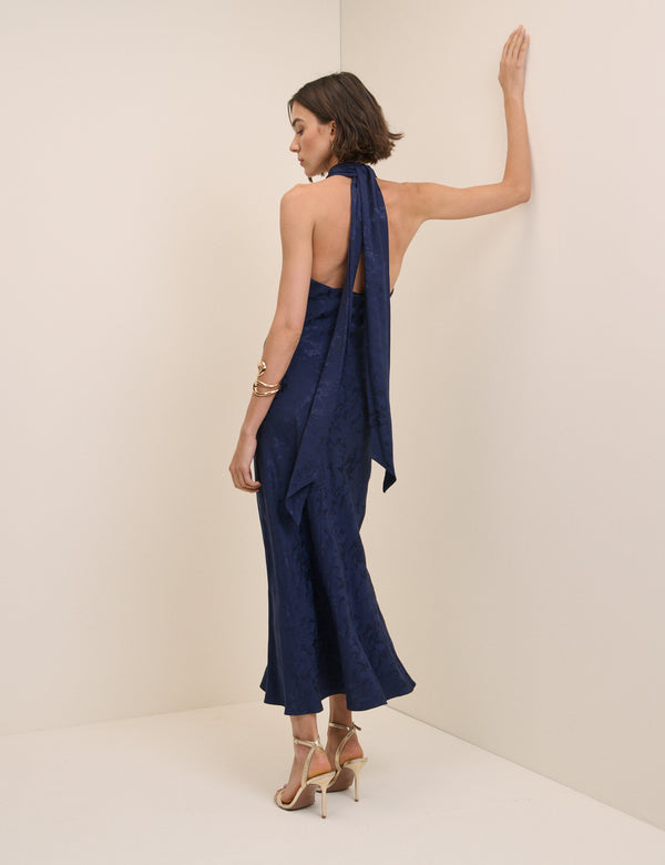 Navy Floral Jacquard Fifi Midi Dress