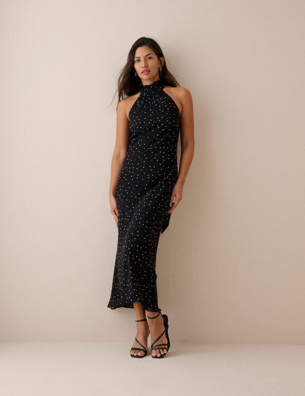 Black Polka Dot Satin Fifi Maxi Dress