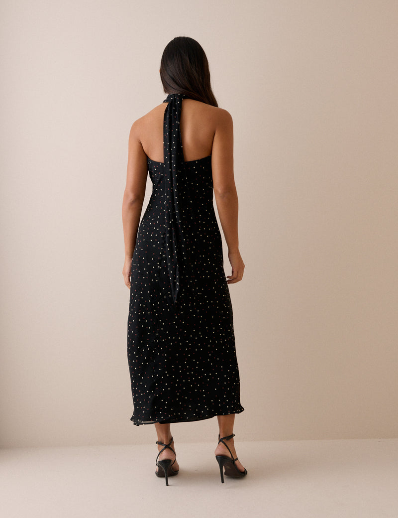 Black Polka Dot Satin Fifi Maxi Dress