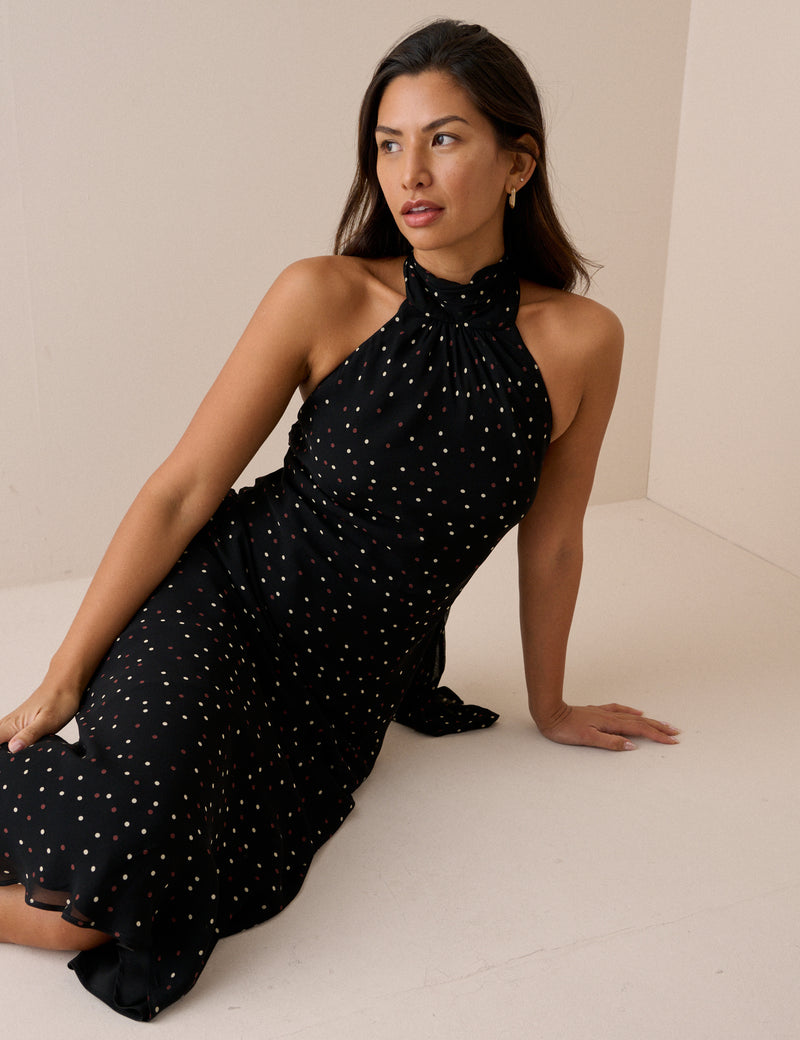 Black Polka Dot Satin Fifi Maxi Dress