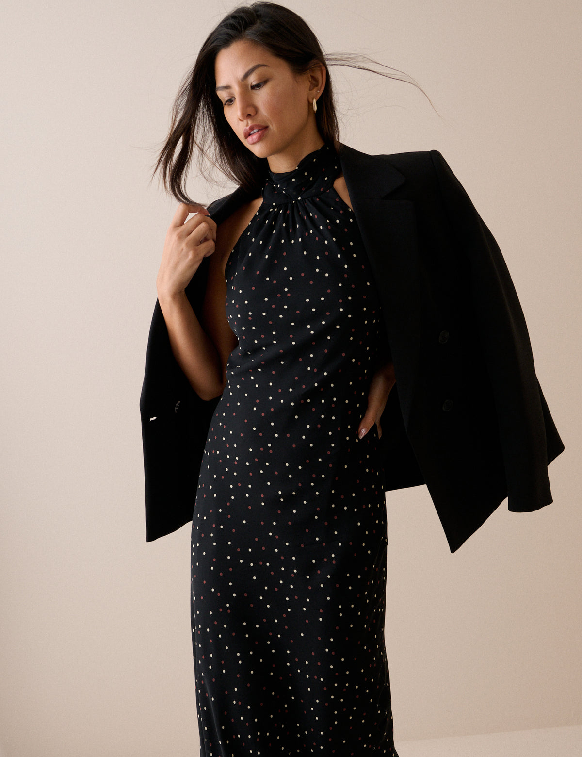 Black Polka Dot Satin Fifi Maxi Dress