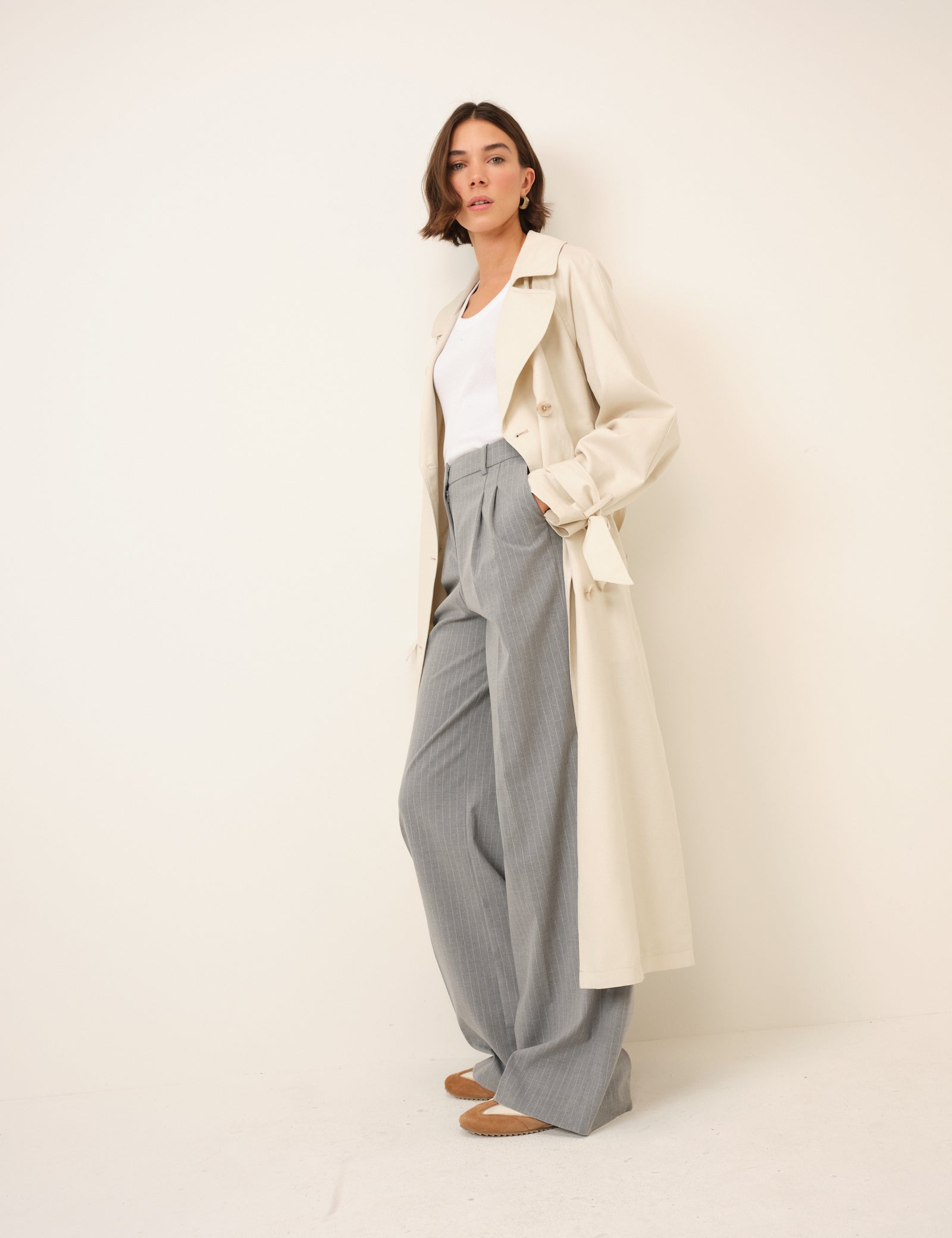 Cream Double-Breasted Lightweight Trench Coat