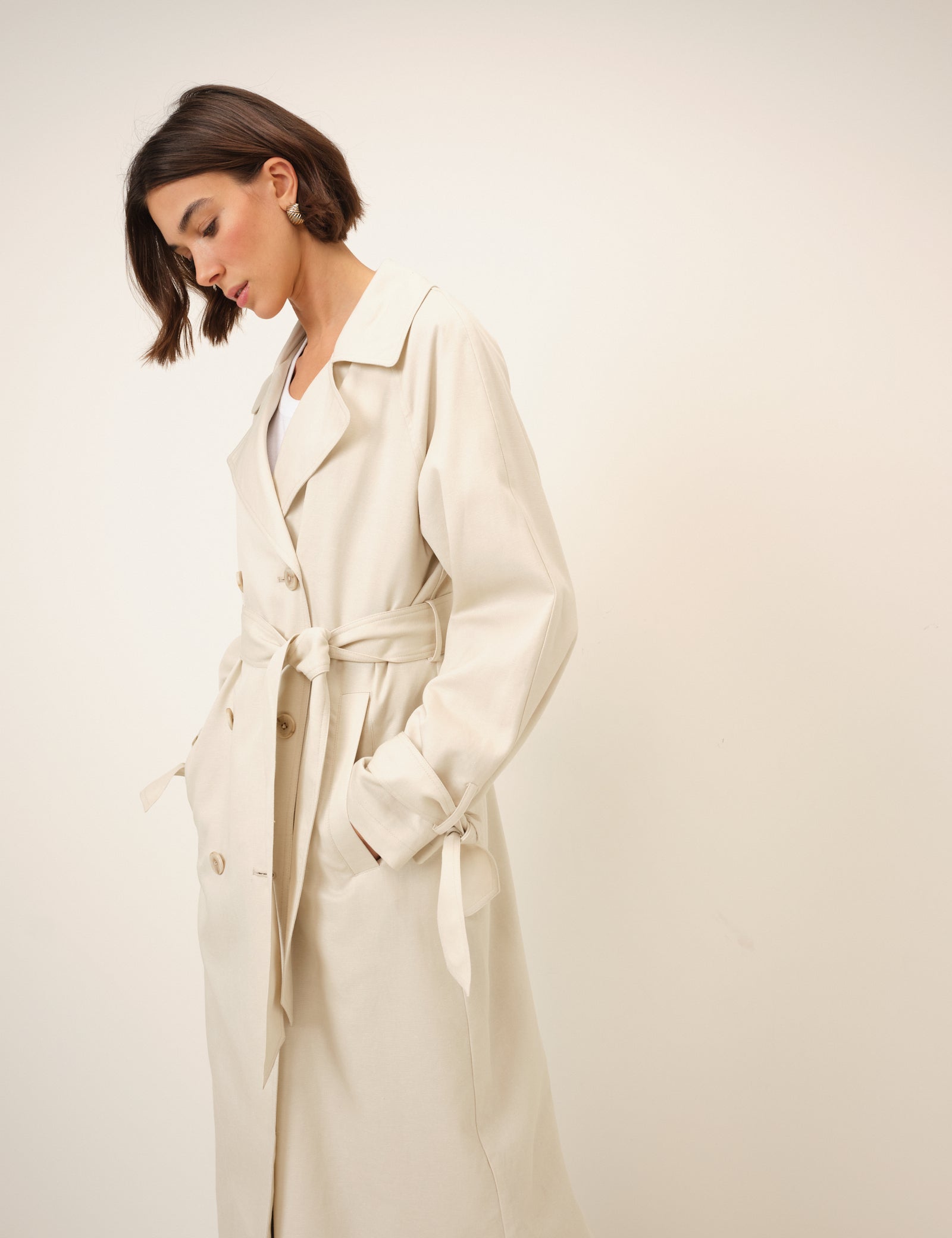Cream Double-Breasted Lightweight Trench Coat