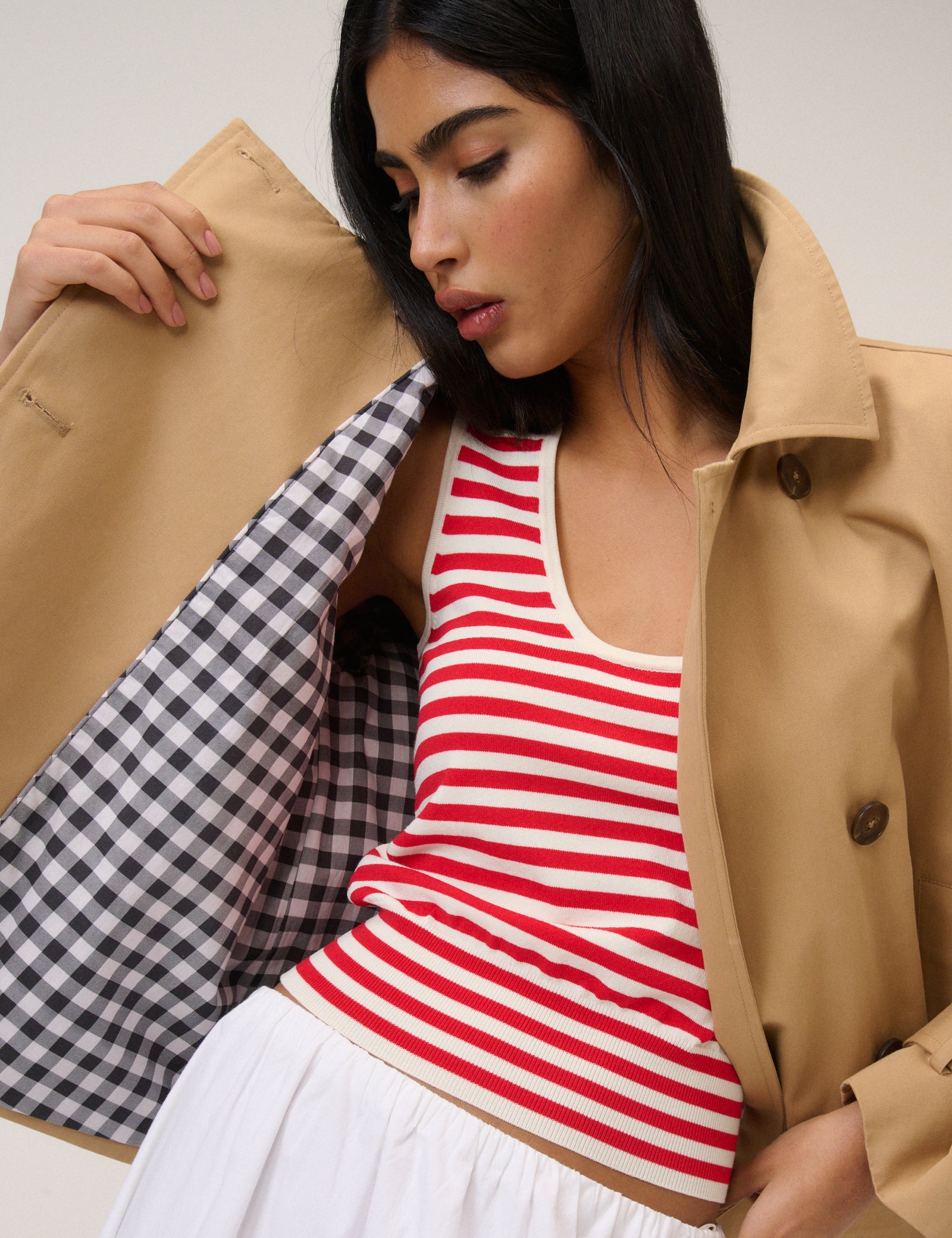 Beige Cropped Tie Trench Coat