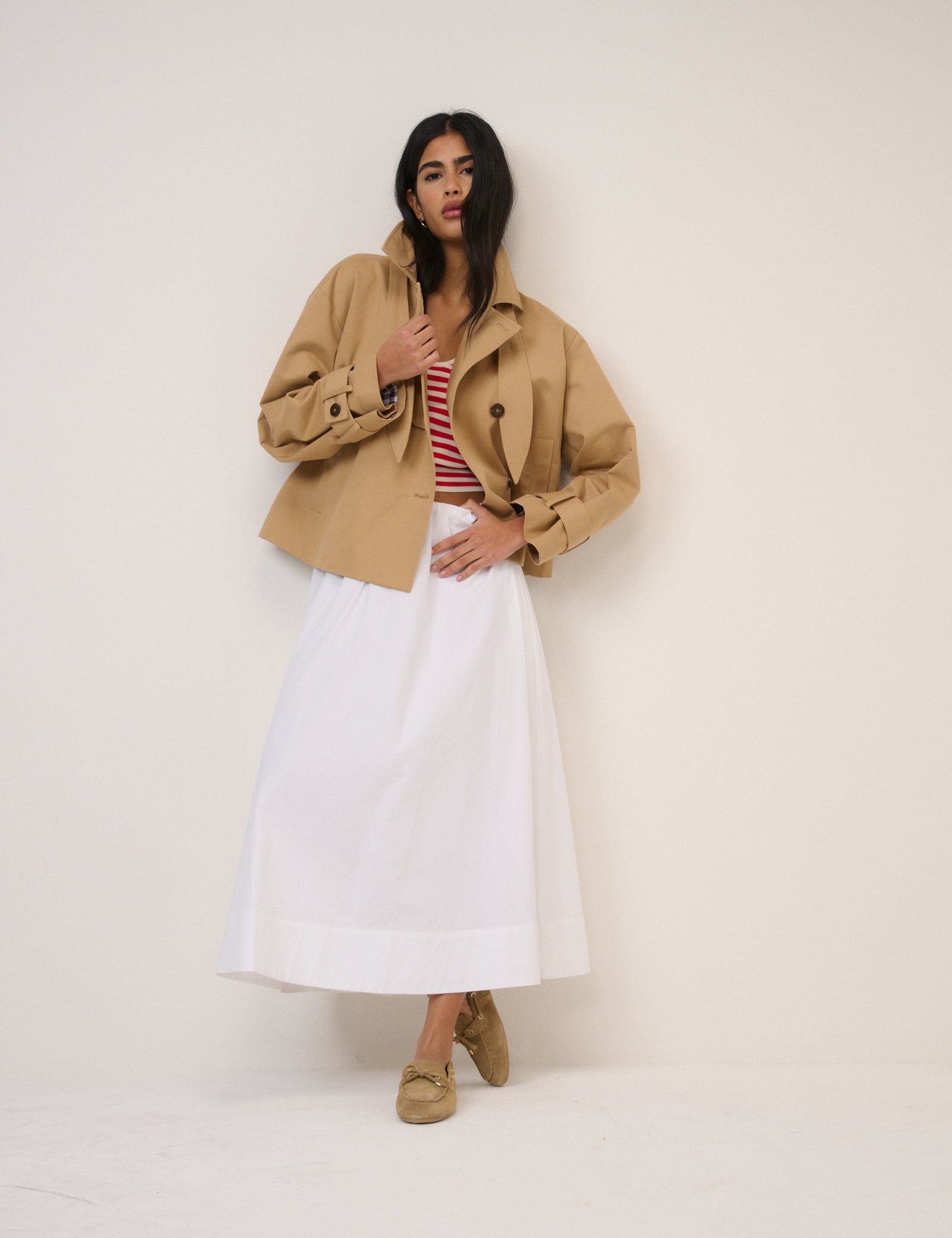 Beige Cropped Tie Trench Coat