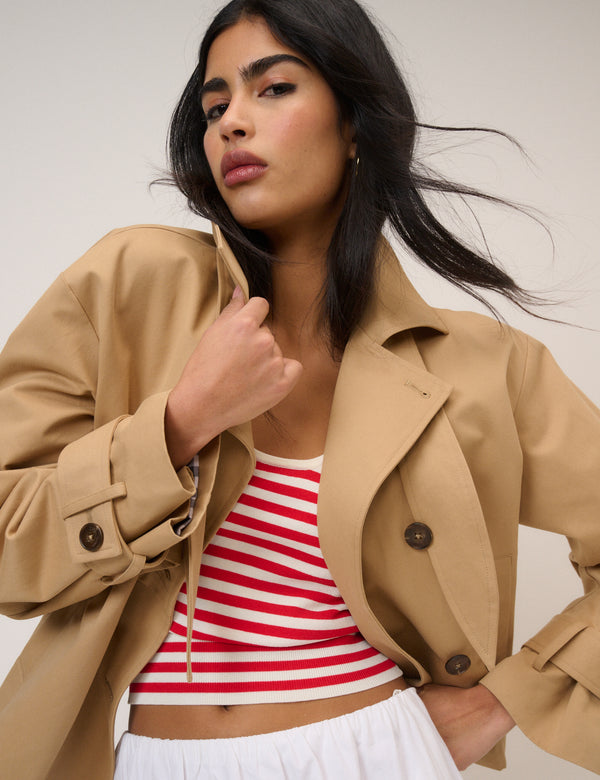 Beige Cropped Tie Trench Coat
