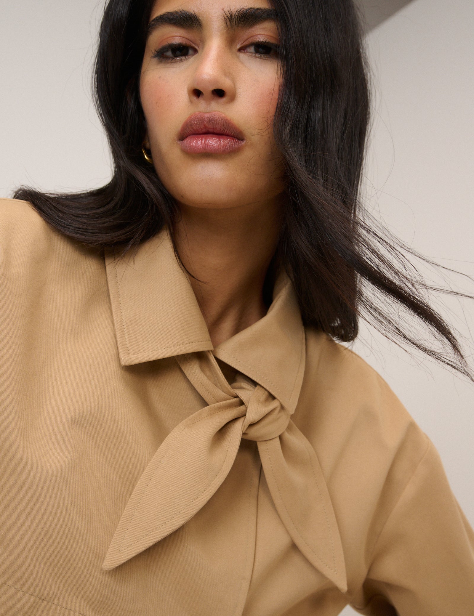 Beige Cropped Tie Trench Coat