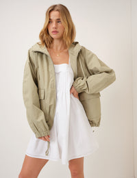 Green Hooded Funnel Neck Windbreaker Jacket