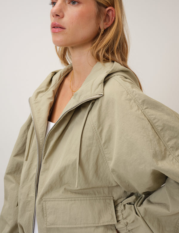 Green Hooded Funnel Neck Windbreaker Jacket