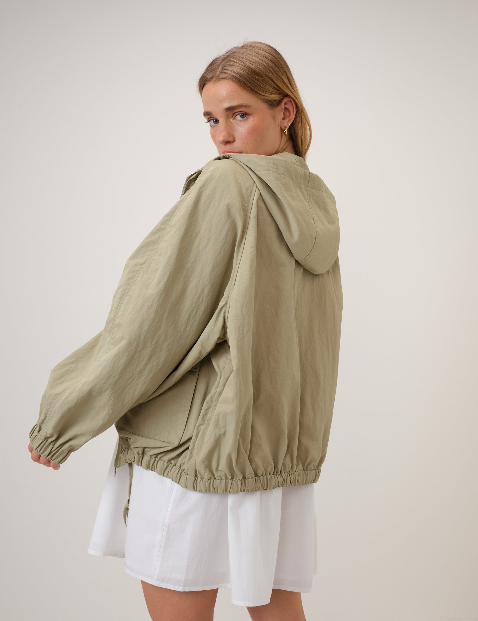 Green Hooded Funnel Neck Windbreaker Jacket