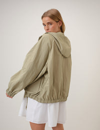 Green Hooded Funnel Neck Windbreaker Jacket