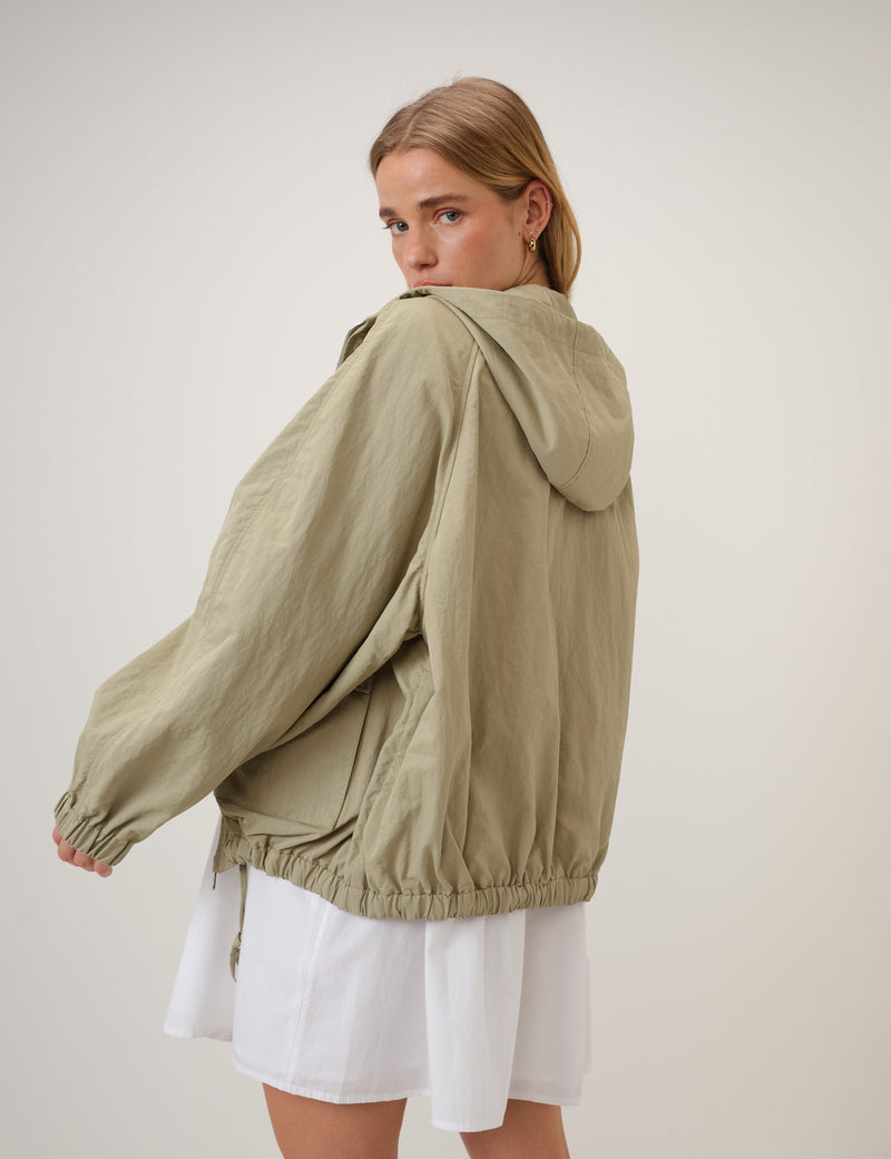 Green Hooded Funnel Neck Windbreaker Jacket