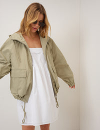 Green Hooded Funnel Neck Windbreaker Jacket