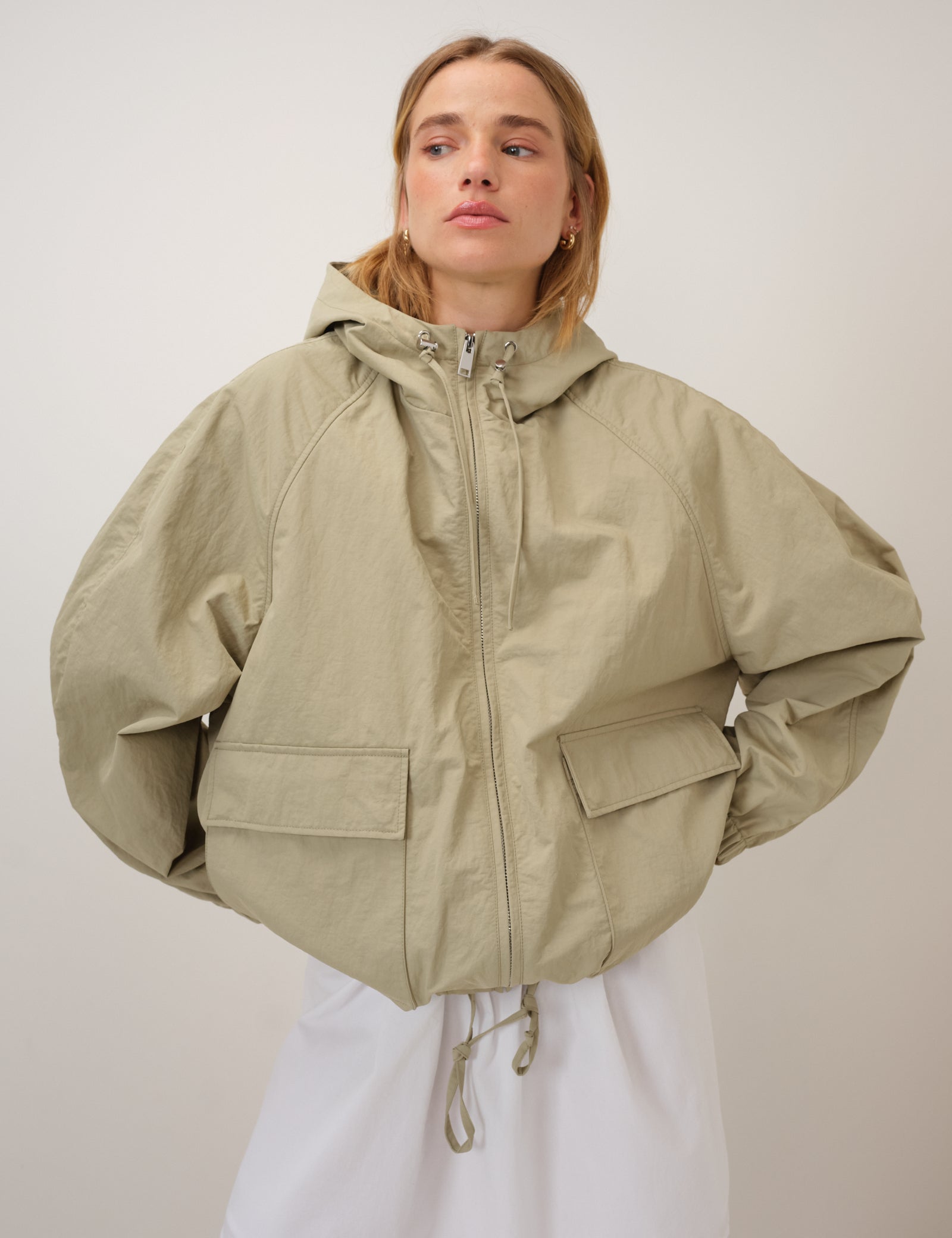 Green Hooded Funnel Neck Windbreaker Jacket
